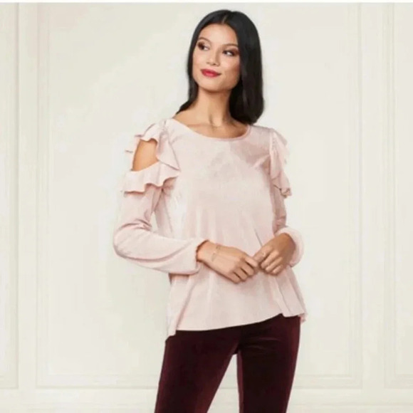 LC Lauren Conrad Runway Women Blush PInk Metallic Cold Shoulder Pleated Top XS - Picture 1 of 14